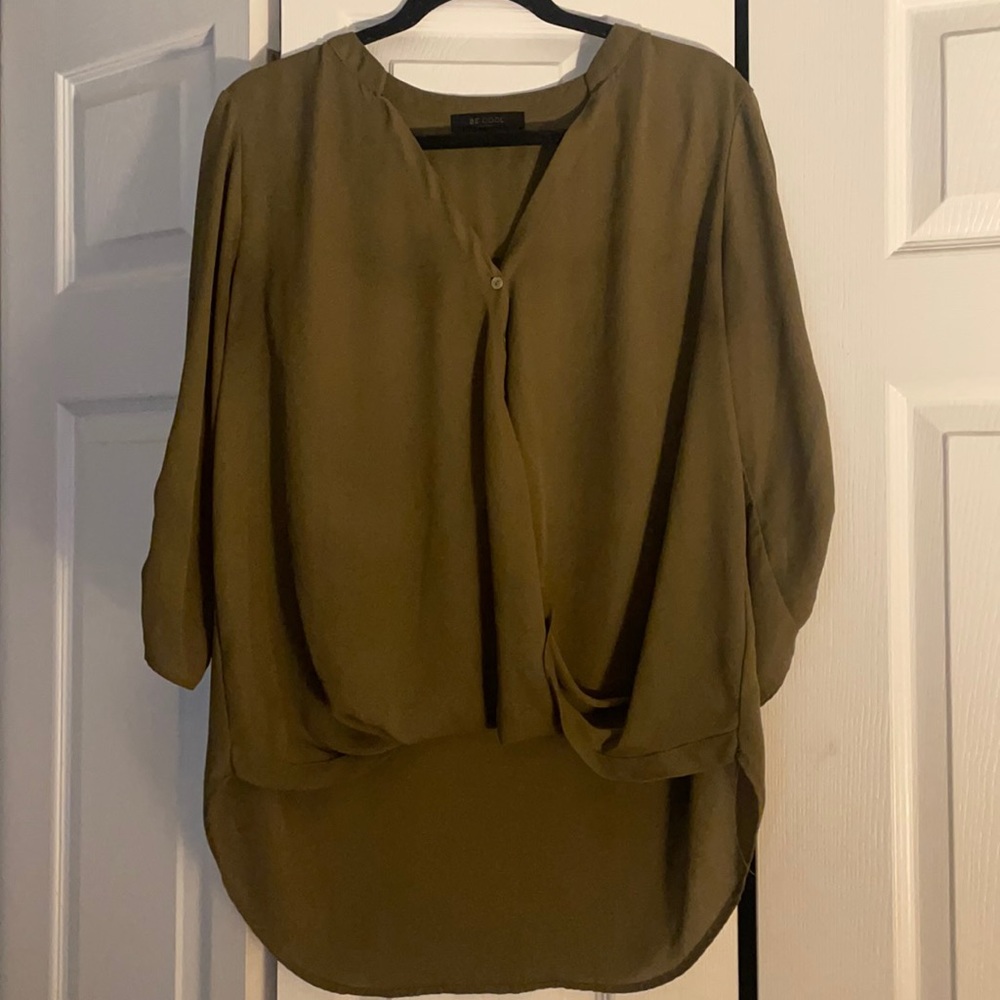 Olive Green Quarter Button Down Quarter Sleeve Professional Work Top, Size L